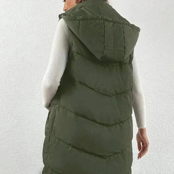 Army Green Casual Women's Zip Up Slant Pocket Sleeveless Hooded Padded Coat - Picture 3 of 4